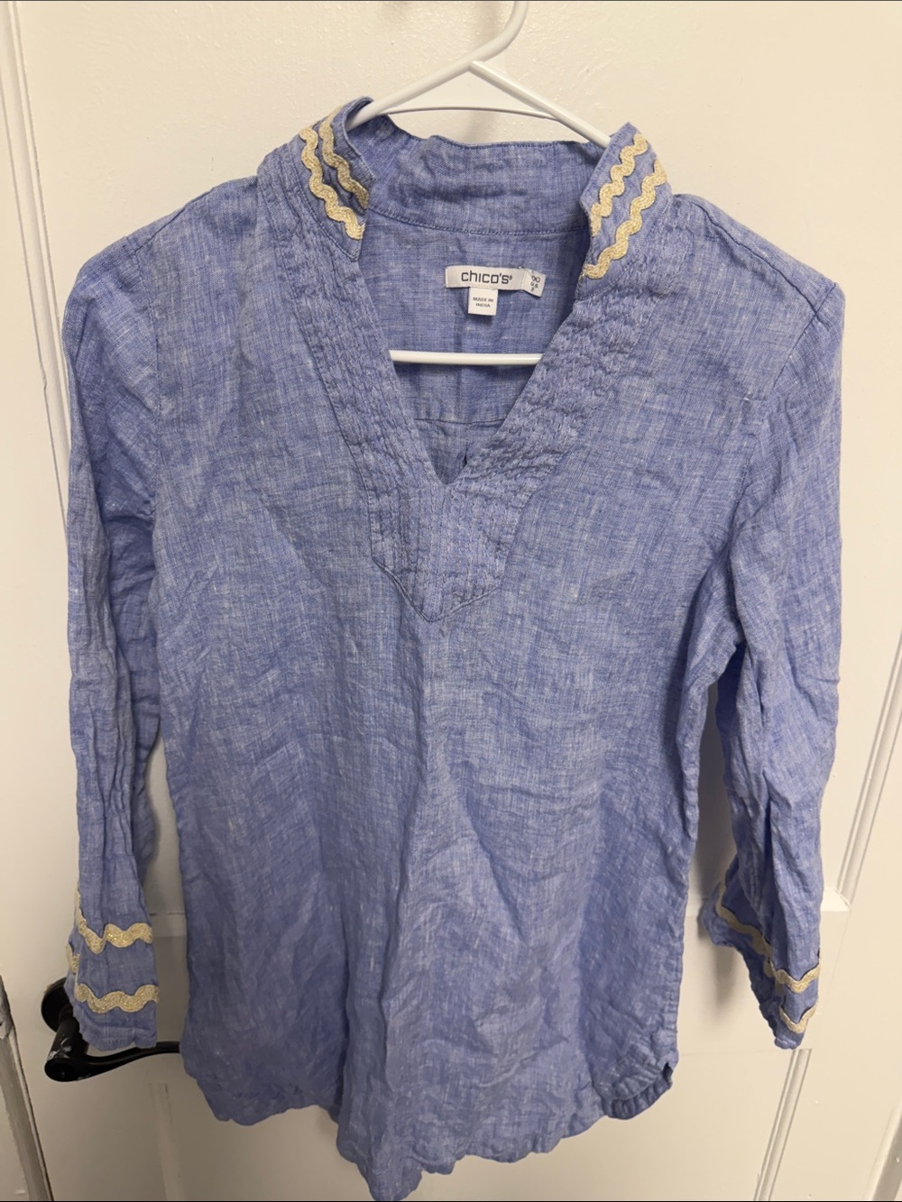 Chico's Light Blue Linen Tunic with Cream Trim